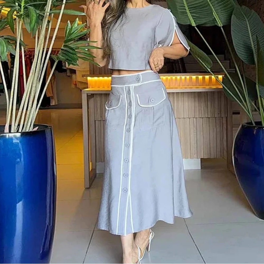 Chic Gray Button-Front Skirt Set